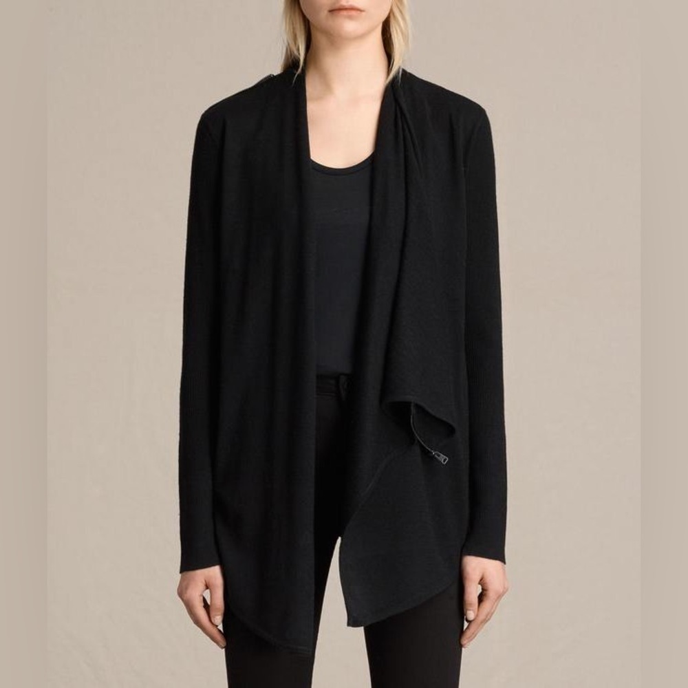 Allsaints Drina 100% Merino Wool Draped Cardigan Womens Size Small
